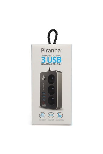 Piranha Piranha 3396 3'lü Soket 2 metre 3'lü USB Kablolu Çiftli Akım Korumalı Priz
