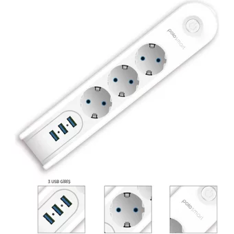 Polosmart Mp09 3'lü Soket 2 metre 3'lü USB Kablolu Çiftli 2500 J Akım Korumalı Priz