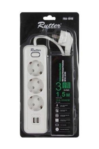 Rutter 75383413 3'lü Soket 1.5 metre 2'li USB Kablolu Çiftli Akım Korumalı Priz