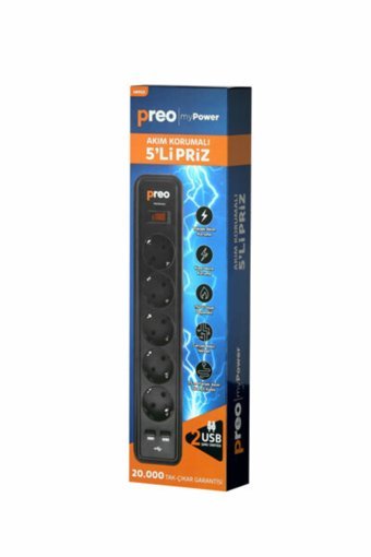 Preo Sp05Ag-Usb Mpp02 5'li Soket 1.5 metre 2'li USB Kablolu Tekli Akım Korumalı Priz