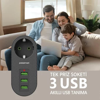 Polosmart Mp11 tekli Soket 3'lü USB Kablosuz Tekli 2500 J Akım Korumalı Priz