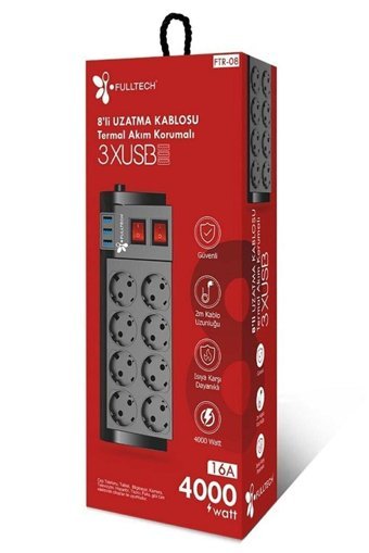 Fulltech Ftr-08 8'li Soket 2 metre 3'lü USB Kablolu Çiftli Akım Korumalı Priz