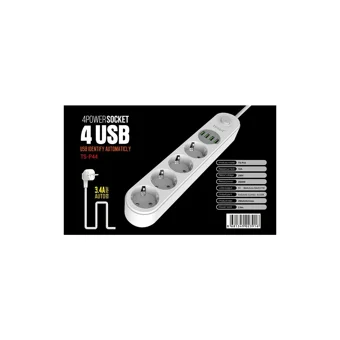 Tsmart Ts-P44 4'lü Soket 2 metre 4'lü USB Kablolu Tekli Akım Korumalı Priz