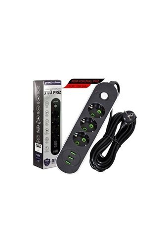 ACL Ac28 3'lü Soket 3'lü USB Kablolu Çiftli Akım Korumalı Priz