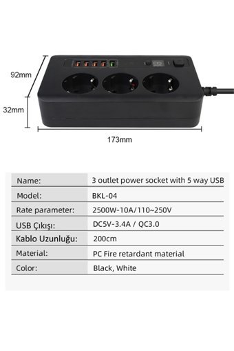 Paleon Bkl-04 3'lü Soket 2 metre 5'li USB Kablolu Çiftli Akım Korumalı Priz