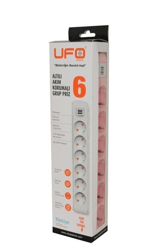 Ufo Electric 60215 6'lı Soket 5 metre 2'li USB Kablolu Tekli 2500 J Akım Korumalı Priz