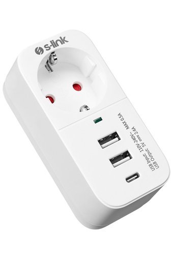 S-Link Sl-011 Tekli Soket 2'li USB Kablosuz Tekli 750 J Akım Korumalı Priz