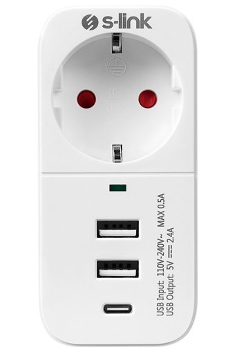 S-Link Sl-011 Tekli Soket 2'li USB Kablosuz Tekli 750 J Akım Korumalı Priz