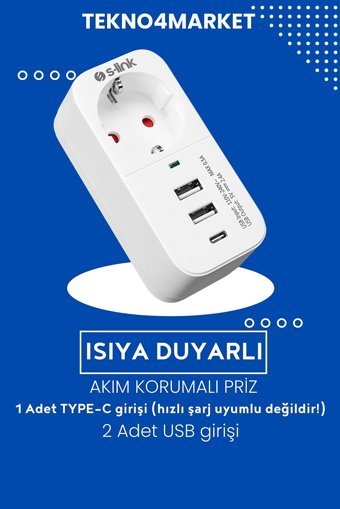 S-Link Sl-011 Tekli Soket 2'li USB Kablosuz Tekli 750 J Akım Korumalı Priz