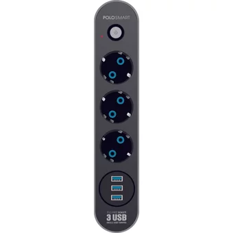 Polosmart Mp07 3'lü Soket 3'lü USB Kablolu Çiftli 2500 J Akım Korumalı Priz