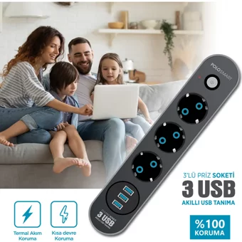 Polosmart Mp07 3'lü Soket 3'lü USB Kablolu Çiftli 2500 J Akım Korumalı Priz