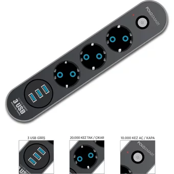 Polosmart Mp07 3'lü Soket 3'lü USB Kablolu Çiftli 2500 J Akım Korumalı Priz