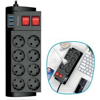 Piranha 3398 8'li Soket 2 metre 3'lü USB Kablolu Tekli Akım Korumalı Priz