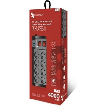 Fulltech Termal 8'li Soket 2 metre 3'lü USB Kablolu Çiftli Akım Korumalı Priz