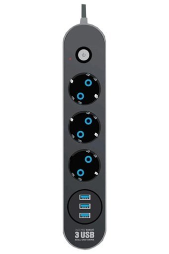 Smayli̇ng Ftr01 3'lü Soket 2 metre 3'lü USB Kablolu Çiftli Akım Korumalı Priz