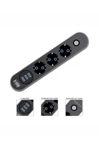 Smayli̇ng Ftr01 3'lü Soket 2 metre 3'lü USB Kablolu Çiftli Akım Korumalı Priz