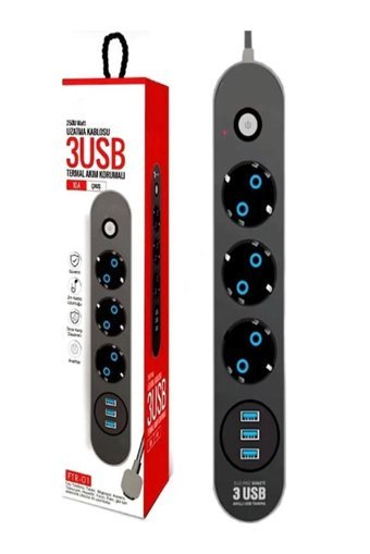 Smayli̇ng Ftr01 3'lü Soket 2 metre 3'lü USB Kablolu Çiftli Akım Korumalı Priz