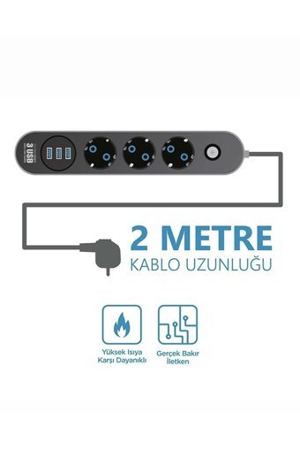 Smayli̇ng Ftr01 3'lü Soket 2 metre 3'lü USB Kablolu Çiftli Akım Korumalı Priz