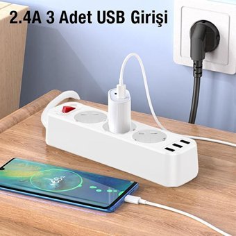 Hoco Ns2 3'lü Soket 1.8 metre 3'lü USB Kablolu Çiftli Akım Korumalı Priz