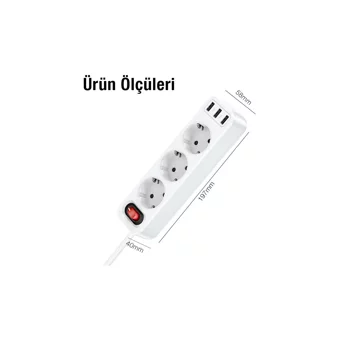 Hoco Ns2 3'lü Soket 1.8 metre 3'lü USB Kablolu Çiftli Akım Korumalı Priz