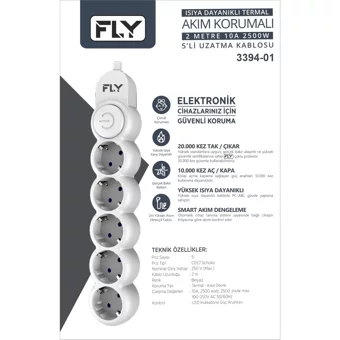 Fly Fly-3394-01 5'li Soket 2 metre Kablolu Tekli 2500 J Akım Korumalı Priz