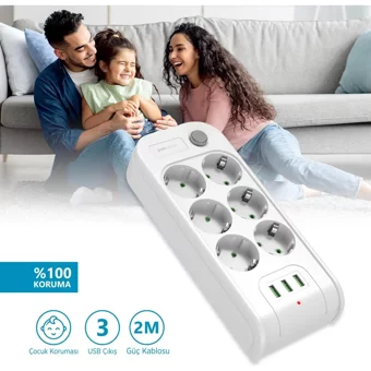 Polosmart Mp10 6'lı Soket 2 metre 3'lü USB Kablolu Çiftli 4000 J Akım Korumalı Priz