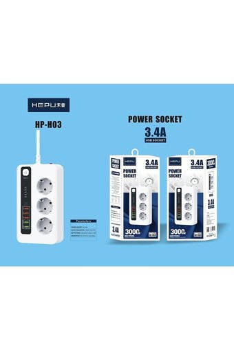 Hepu Hp-H03 3'lü Soket 2 metre 5'li USB Kablolu Çiftli Akım Korumalı Priz