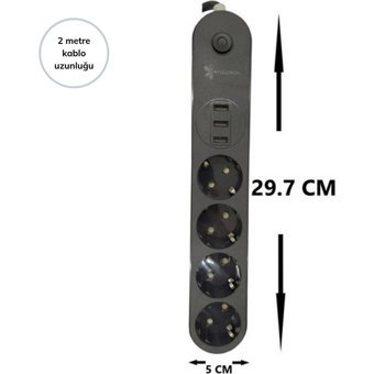 Mero 4'lü Soket 2 metre 3'lü USB Kablolu Çiftli Akım Korumalı Priz