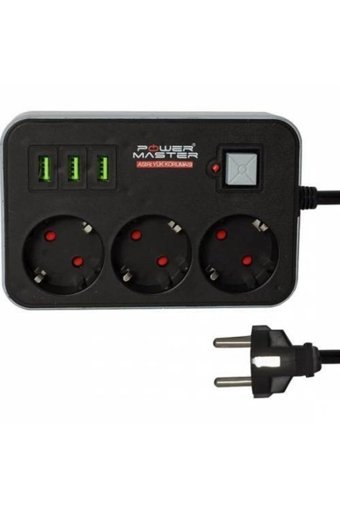 Powermaster Ftr-02 3'lü Soket 1.8 metre 3'lü USB Kablolu Çiftli Akım Korumalı Priz