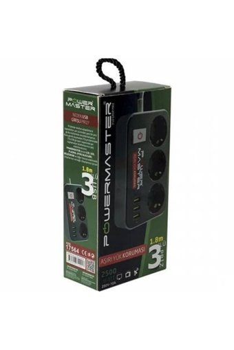 Powermaster Ftr-02 3'lü Soket 1.8 metre 3'lü USB Kablolu Çiftli Akım Korumalı Priz