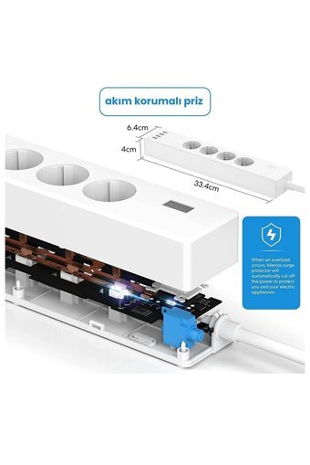 Meross Mss425F 4'lü Soket Kablolu Çiftli Akım Korumalı Priz