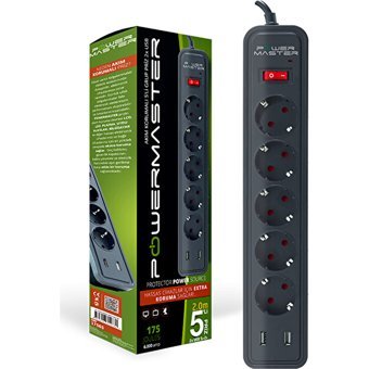 Powermaster Pm-17565 5'li Soket 2 metre 2'li USB Kablolu Tekli 177 J Akım Korumalı Priz