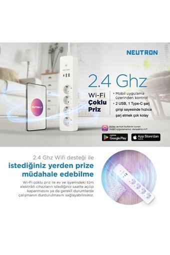 Neutron Ntl-Sw07 4'lü Soket 1 metre 2'li USB Kablolu Çiftli Akım Korumalı Priz