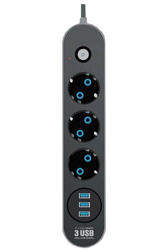 K2 Global Cvs 3'lü Soket 2 metre 3'lü USB Kablolu Çiftli Akım Korumalı Priz