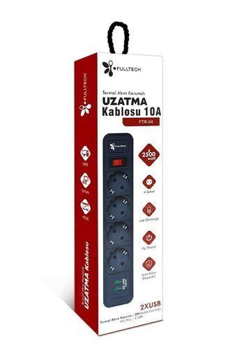 Fulltech Ftr-04 4'lü Soket 2 metre 2'li USB Kablolu Çiftli Akım Korumalı Priz