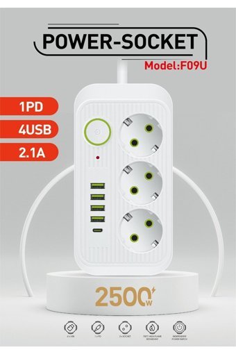 Onetick F09U 3'lü Soket 4'lü USB Kablolu Çiftli Akım Korumalı Priz
