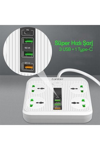 M80 Pd40W 4'lü Soket 2 metre 3'lü USB Kablolu Çiftli Akım Korumalı Priz