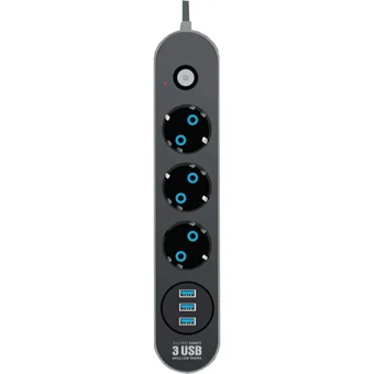 Fulltech 3'lü Soket 3'lü USB Kablolu Çiftli Akım Korumalı Priz