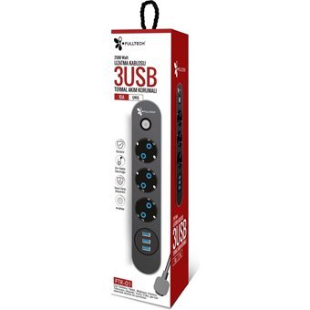 Fulltech Ftr-01 3'lü Soket 2 metre 3'lü USB Kablolu Çiftli Akım Korumalı Priz