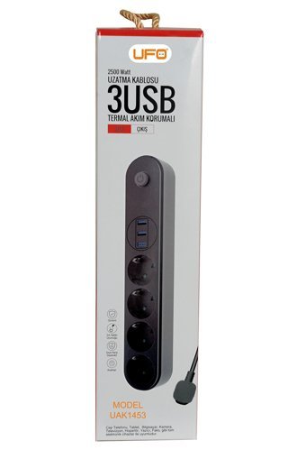 Ufo Electric Uak1453 4'lü Soket 5 metre 3'lü USB Kablolu Tekli 2500 J Akım Korumalı Priz