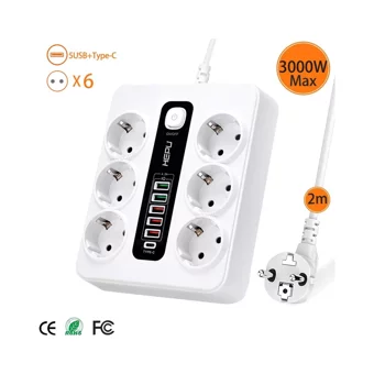 Hepu Hp-H04 6'lı Soket 2 metre 5'li USB Kablolu Çiftli Akım Korumalı Priz