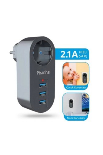 Piranha 3385 Tekli Soket 3'lü USB Kablosuz Tekli Akım Korumalı Priz