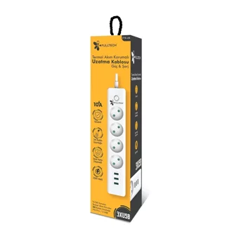 Fulltech Ftr-06 4'lü Soket 2 metre 3'lü USB Kablolu Tekli Akım Korumalı Priz