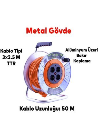 Bylıon IP20 3500 W Kalın Topraklı Akım Korumalı 4'lü 30 m Makaralı Uzatma Kablolu Priz Çok Renkli