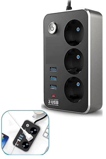 Aırstorr 2500 W Kalın Topraklı Anahtarlı Akım Korumalı 3'lü 2 m USB Uzatma Kablolu Priz Siyah