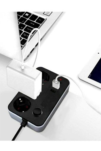 Aırstorr 2500 W Kalın Topraklı Anahtarlı Akım Korumalı 3'lü 2 m USB Uzatma Kablolu Priz Siyah