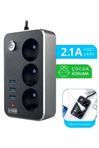 Aırstorr 2500 W Kalın Topraklı Anahtarlı Akım Korumalı 3'lü 2 m USB Uzatma Kablolu Priz Siyah