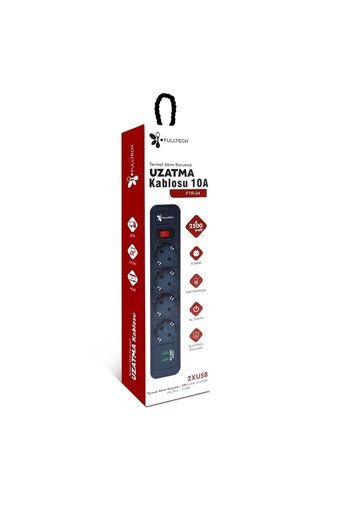Asfal Ftr-04 2500 W Kalın Topraklı Anahtarlı Akım Korumalı 4'lü 2 m USB Uzatma Kablolu Priz Siyah