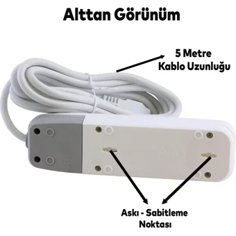 Grup Priz 3500 W Kalın Topraklı Anahtarlı 3'lü 5 m Uzatma Kablolu Priz Beyaz