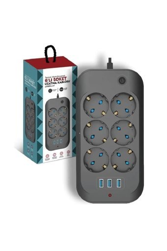 En Si̇ga 2500 W Kalın Topraklı Anahtarlı Akım Korumalı 6'lı 2 m USB Uzatma Kablolu Priz Siyah